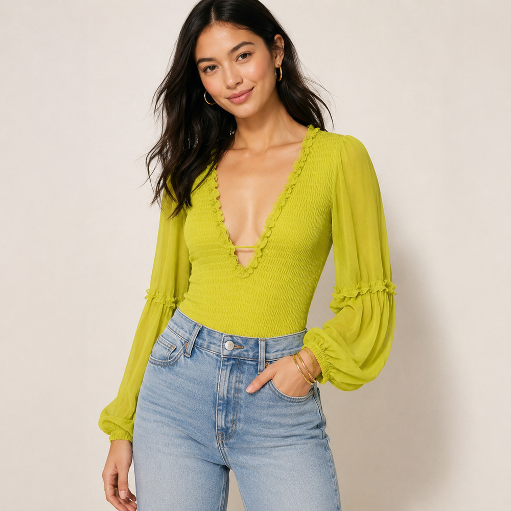 By Anthropologie Deep V Puff Sleeve Bodysuit XXS Green Smocked NWT